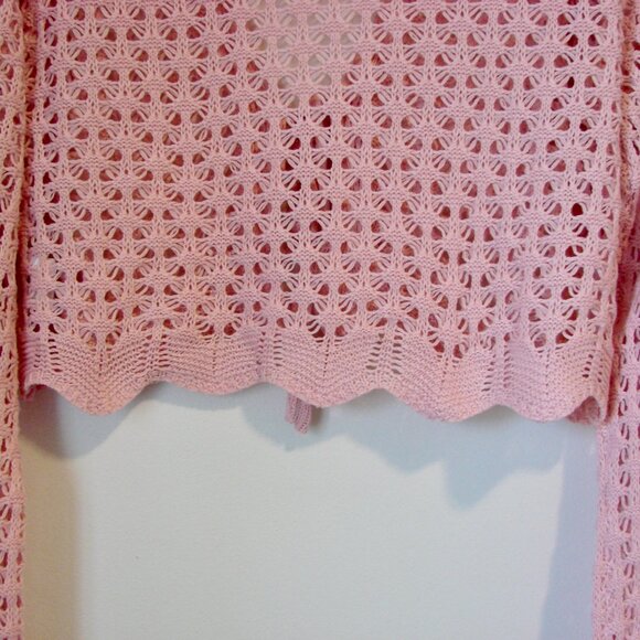 Pink Boho Crochet Knit Tie Front Cardigan Sweater Scallop Trim Cropped Top Small - Picture 16 of 16